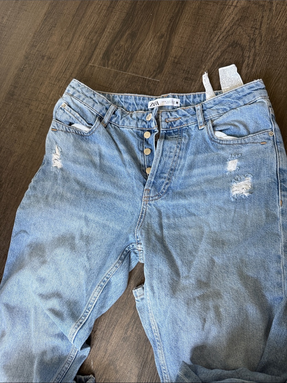 Zara Light Blue Distressed Button-Fly Jeans